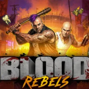 Blood Rebels slot interface showing urban hooligans and criminal theme symbols on a 5x4 grid.