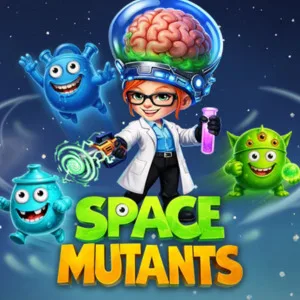 Space Mutants slot display showing a 6x6 grid with alien symbols on a space background.